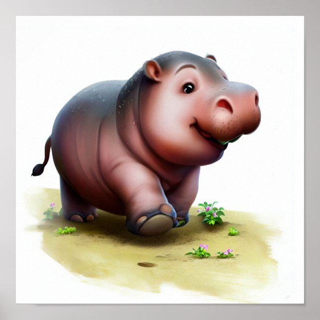 En 3D-vattenfärgsfärg på en Cute Hippopotamus Poster (Framsidan)