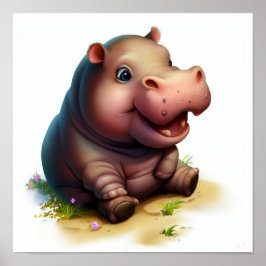 En 3D-vattenfärgsfärg på en Cute Hippopotamus Poster