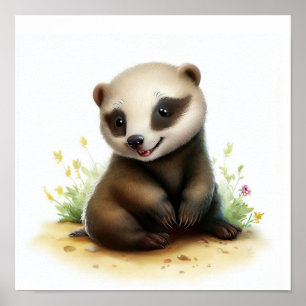 En 3D-vattenfärgsfärg på en Cute Honey badger Poster