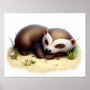 En 3D-vattenfärgsfärg på en Cute Honey badger Poster