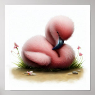 En 3D-vattenfärgsmålning av en Cute Flamingo Poster
