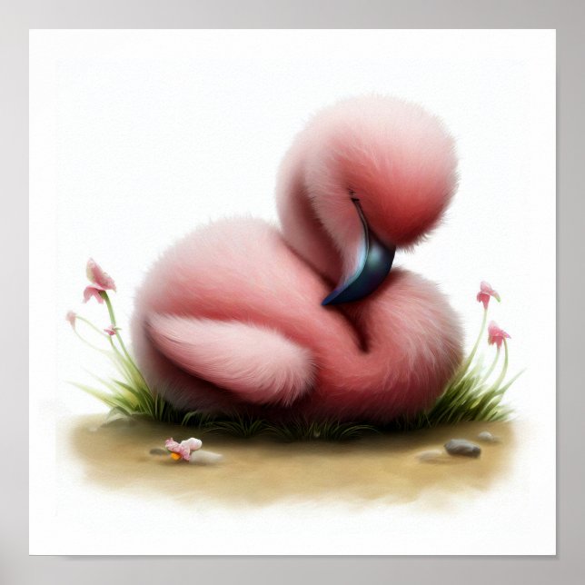 En 3D-vattenfärgsmålning av en Cute Flamingo Poster (Framsidan)