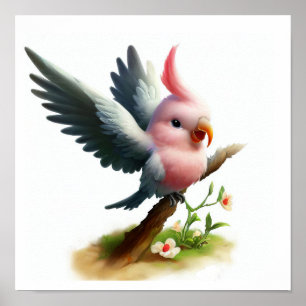 En 3D-vattenfärgsmålning av en Cute Galah Cockatoo Poster