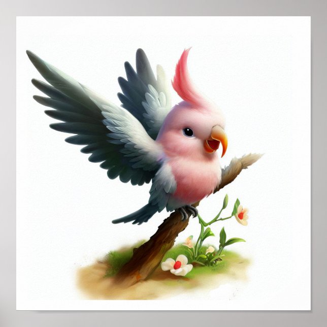 En 3D-vattenfärgsmålning av en Cute Galah Cockatoo Poster (Framsidan)