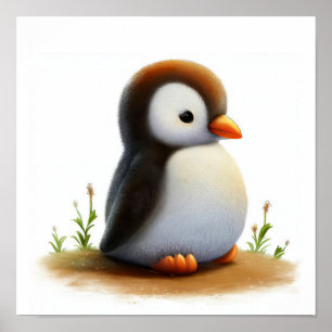 En 3D-vattenfärgsmålning av en Cute Gentoo Penguin Poster