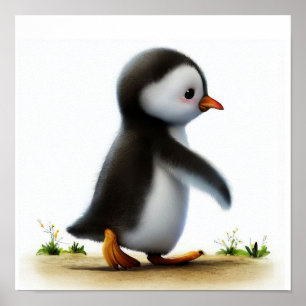 En 3D-vattenfärgsmålning av en Cute Gentoo Penguin Poster