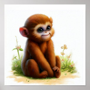 En 3D-vattenfärgsmålning av en Cute Howler-apa Poster