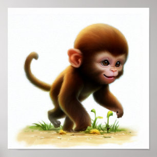 En 3D-vattenfärgsmålning av en Cute Howler-apa Poster