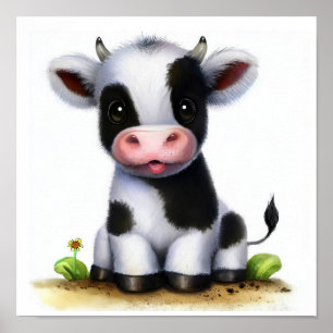En 3D Watercolor-bild av en Young Holstein Cow Poster