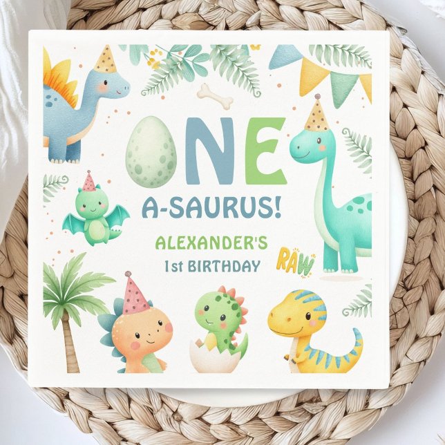 En A-Saurus Dinosaur 1-års Födelsedags Pojke Pappe Pappersservett (Skapare uppladdad)
