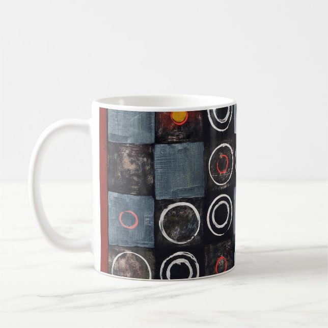 En abstrakt. ett rutnät av stämplade cirklar på kaffemugg (Vänster)