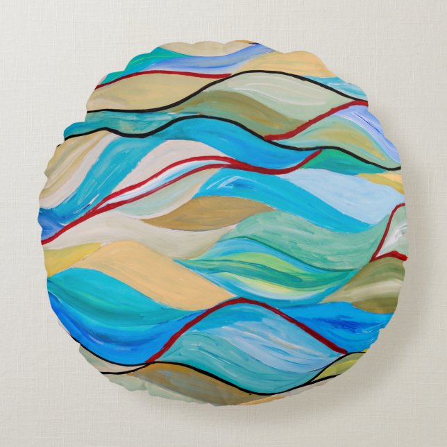 En abstrakt med vågliknande former i klistra in rund kudde (Framsidan)