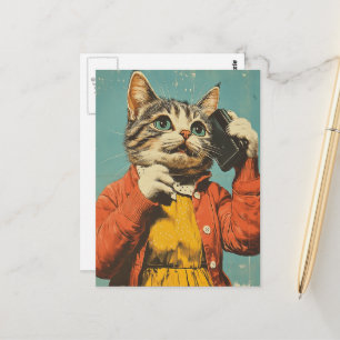 En adlig retro stil-katt på hennes mobiltelefon vykort