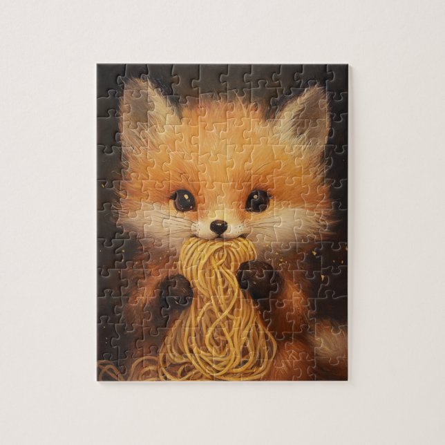 En adlig rödräv som äter spaghetti från baby pussel (Vertikal)