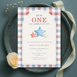 En All American Pojke Gingham 1-årsdag Inbjudningar