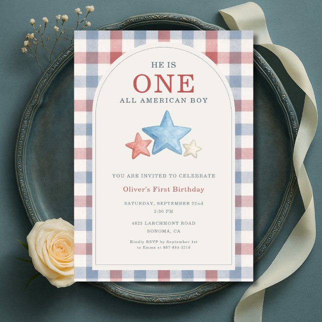 En All American Pojke Gingham 1-årsdag Inbjudningar (Skapare uppladdad)