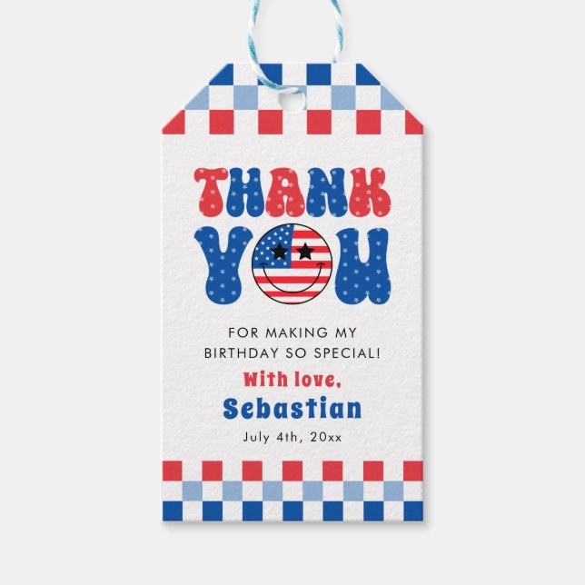 En amerikansk 4:e juli första födelsedag presentetikett (Framsidan)