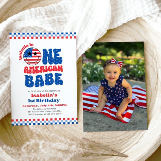 En amerikansk Babe 4:e juli första Födelsedagsfest Inbjudningar (Watercolor One American Babe 4th Of July First Birthday Party Invitation)