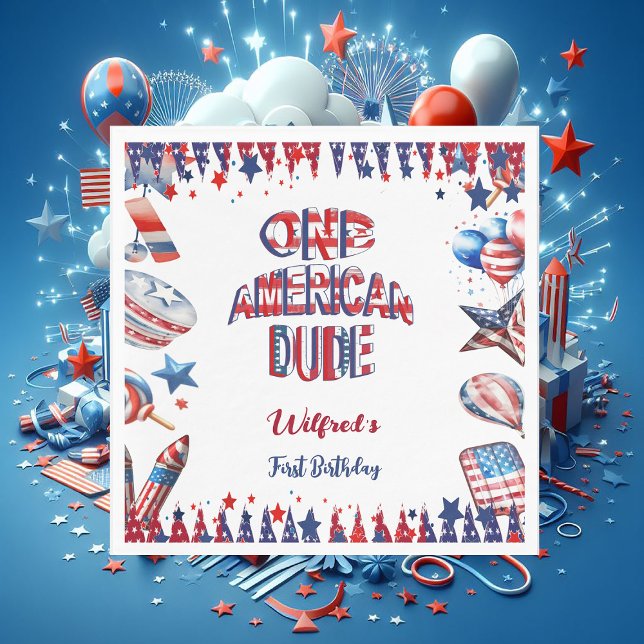 En amerikansk kille 4 juli Rött vitt blått födelse Pappersservett (One American Dude 4 July Red White Blue Birthday Napkins)