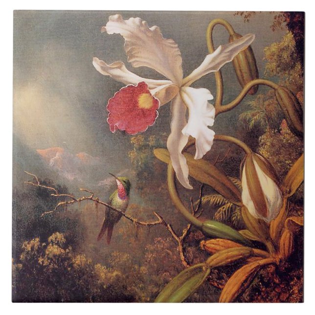 En Amethyst Hummingbird med vit Orchid Kakelplatta (Framsidan)