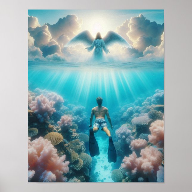 En ängel överraskar en snorkeler i en havreef poster (Framsidan)