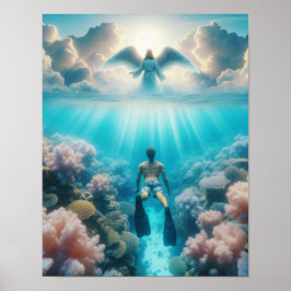 En ängel överraskar en snorklare på ett havsrev poster