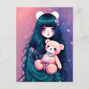 En Anime-flicka med en Nalle, postkorsning Vykort