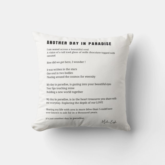 En annan dag i paradiset dikt svart vitt kudde (Framsida)