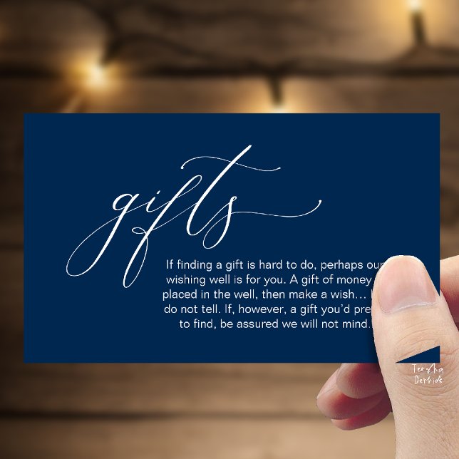 En anteckning om presenter, bröllopspresent önskem tilläggskort (Honeymoon Fund Wishing Well, Wish, A Note On Gifts Enclosure Card in Navy Blue)
