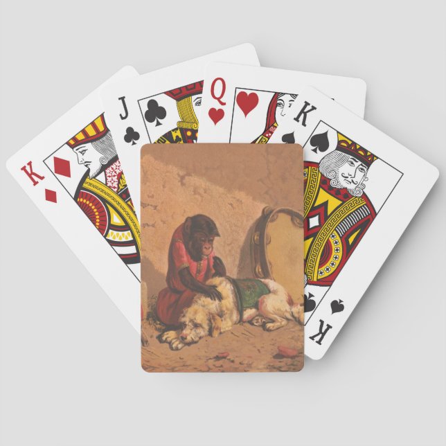 En apa och en Hund med en stor Tambourine Casinokort (Baksidan)