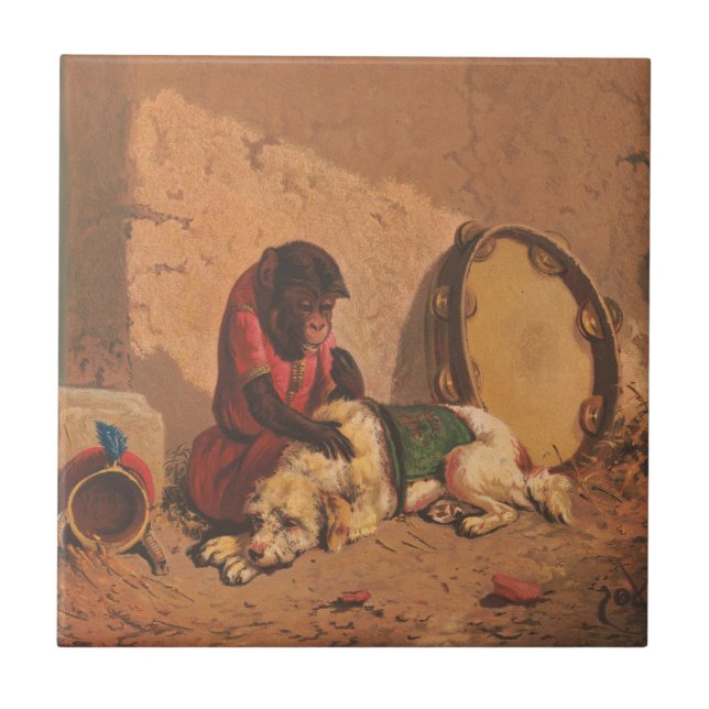 En apa och en Hund med en stor Tambourine Kakelplatta (Framsidan)