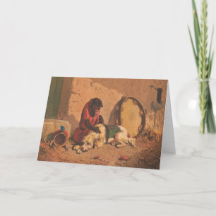 En apa och en Hund med en stor Tambourine Kort