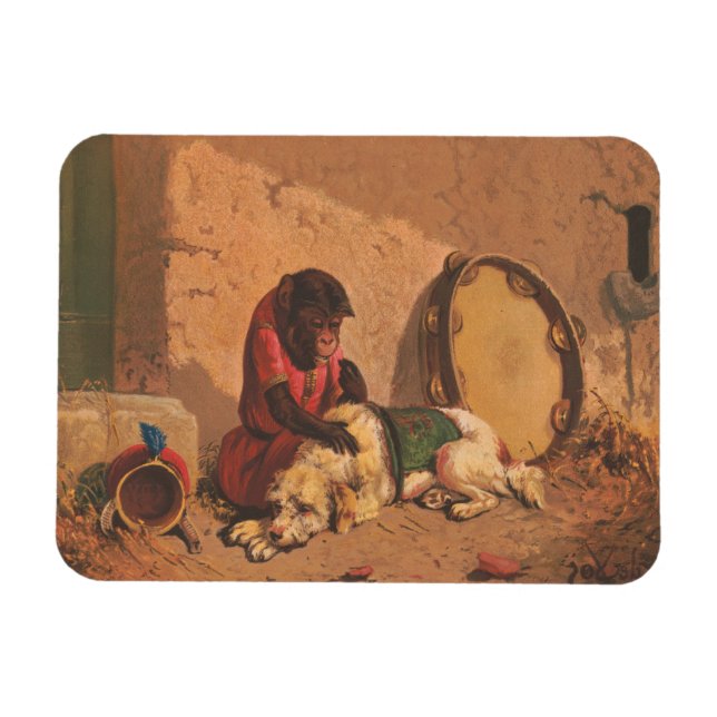 En apa och en Hund med en stor Tambourine Magnet (Horisontell)