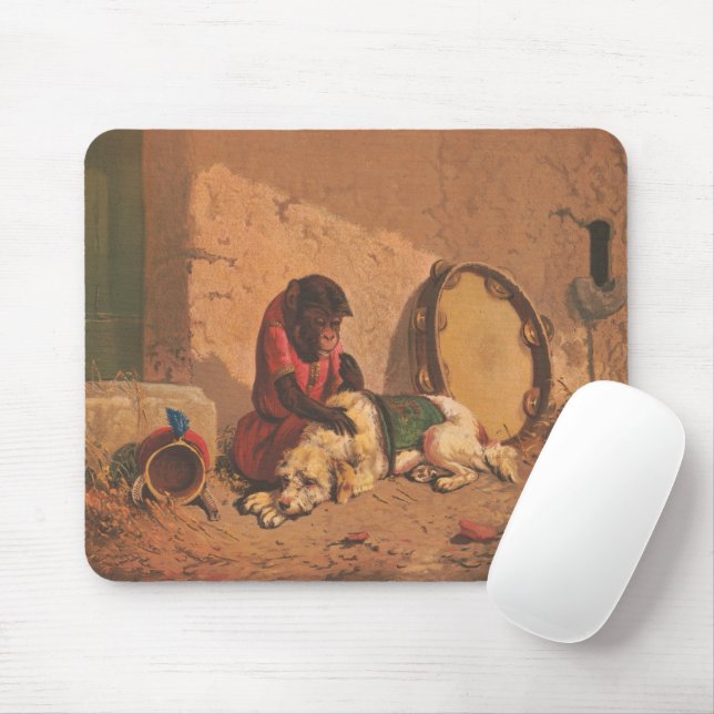 En apa och en Hund med en stor Tambourine Musmatta (Med mus)