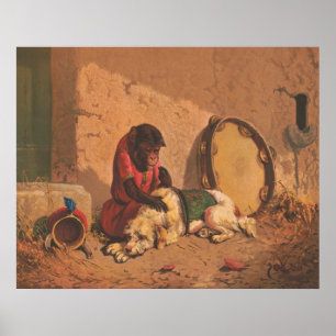 En apa och en Hund med en stor Tambourine Poster