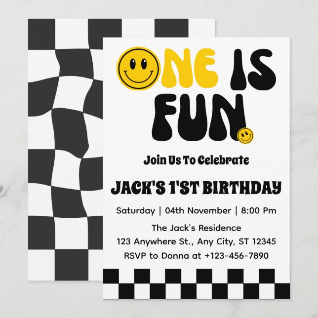 En är Roligt Boy första födelsedagen Inbjudningar (Fram/baksida)