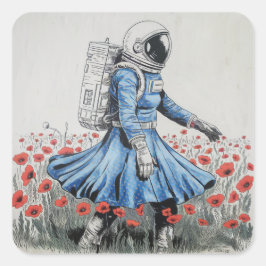 en astronaut i en blå klänning som går i poppies fyrkantigt klistermärke