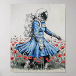 en astronaut i en blå klänning som går i poppies poster