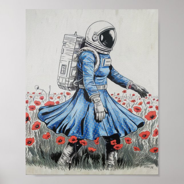 en astronaut i en blå klänning som går i poppies poster (Framsidan)