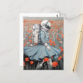 en astronaut i en blå klänning som går i poppies vykort