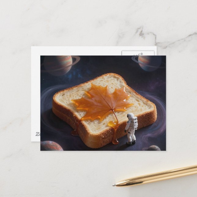 En astronaut med ett frukostbröd med lönnsirap vykort (Fram/Back In Situ)