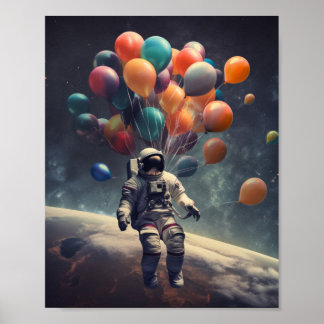 En astronaut som Flyter i Luft med ballonger Poster