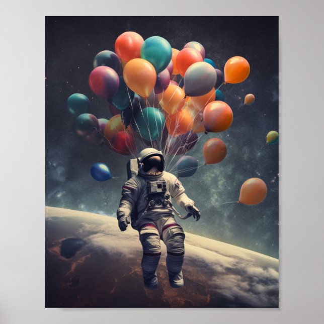 En astronaut som Flyter i Luft med ballonger Poster (Framsidan)