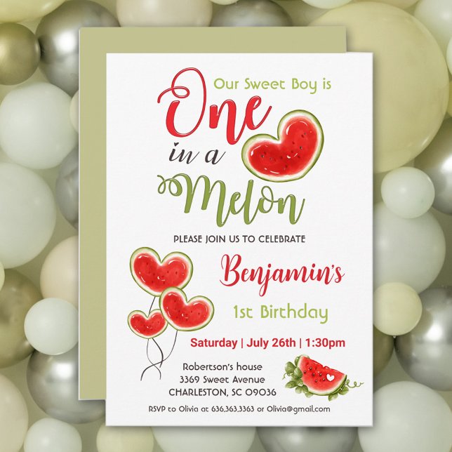 En av en Melon 1:a födelsedagsinbjudan Inbjudningar (One in a melon 1st Birthday invitation. Available also in pink for a girl :))
