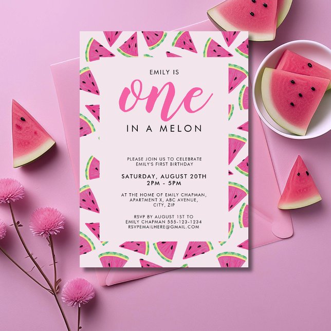 En av en melon 1-årsdag inbjudningar (One in a Melon, watermelon themed girls first birthday invitation)