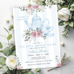 En baby brygger blommande blå te pojke baby shower inbjudningar