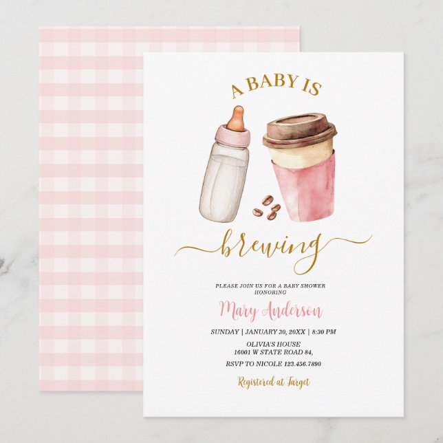 En baby brygger kaffe Baby shower för flicka Inbjudningar (Fram/baksida)
