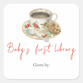 En baby brygger kaffe - baby's första bibliotek fyrkantigt klistermärke
