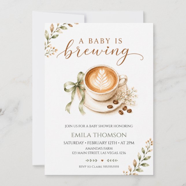 En baby brygger kaffe  neutral babyfirande inbjudningar (Framsida)