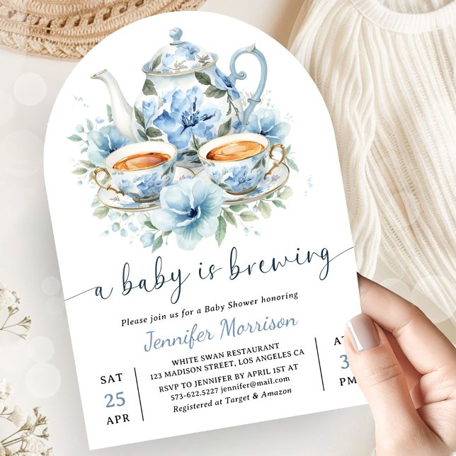 En baby brygger te Baby Shower Pojke Blå Båge Inbjudningar (Skapare uppladdad)